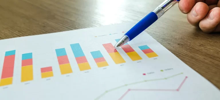 business dashboard | person pointing at financial graph.