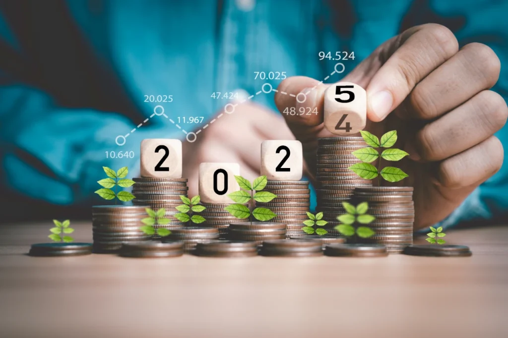 coins with plants growing and a calendar for 2025