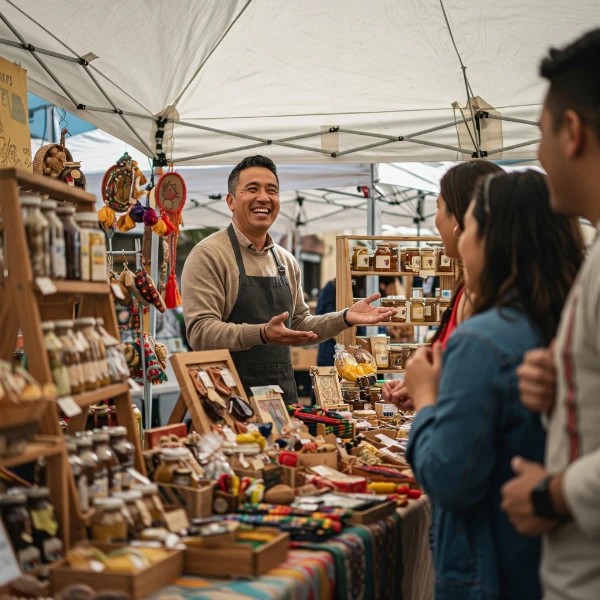Happy business owner serving at counter of thriving business