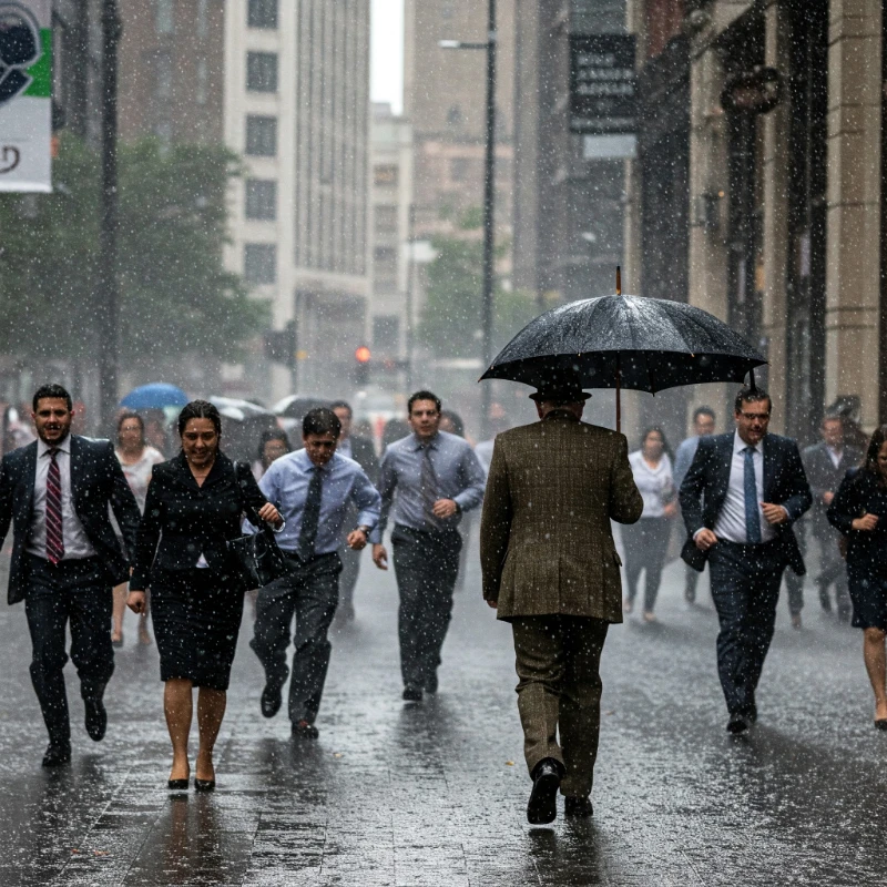 Man with umbrella walking in rain in crowd with no umbrellas
