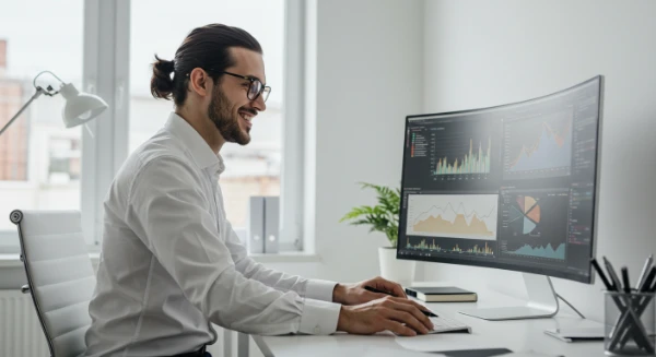 Business owner reviewing profit and loss on business dashboard screen