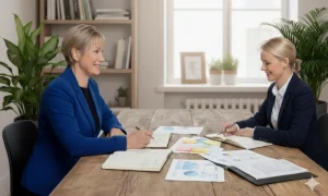 Clare Gunnell of Palmers Accounting with a pleased business owner looking at charts and graphs