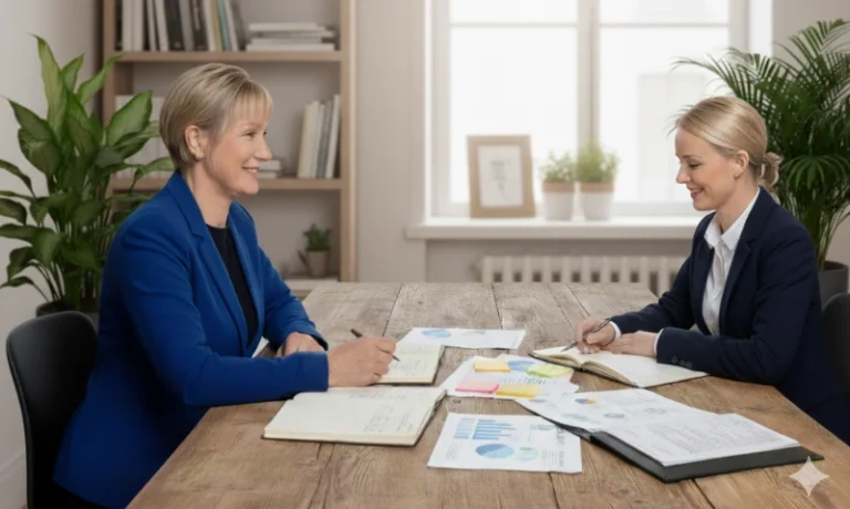 Clare Gunnell of Palmers Accounting with a pleased business owner looking at charts and graphs