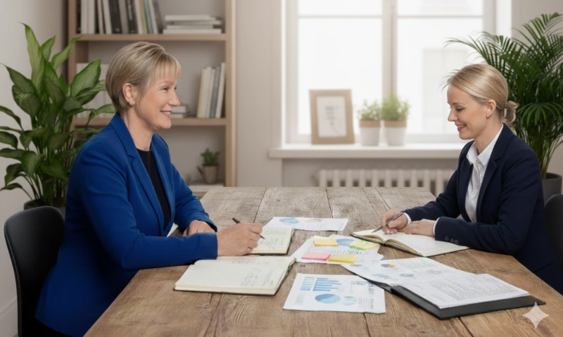 Clare Gunnell of Palmers Accounting with a pleased business owner looking at charts and graphs