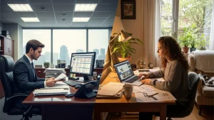 A split image with one side showing someone in a suit with an office and papers and the other showing a home office with sole trader working there
