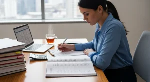 Business owner looking at balance sheet