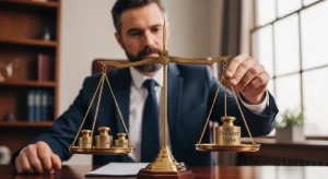 Company owner weighing business valuation methods on scales