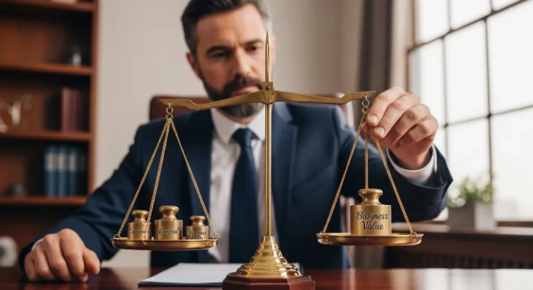 Company owner weighing business valuation methods on scales