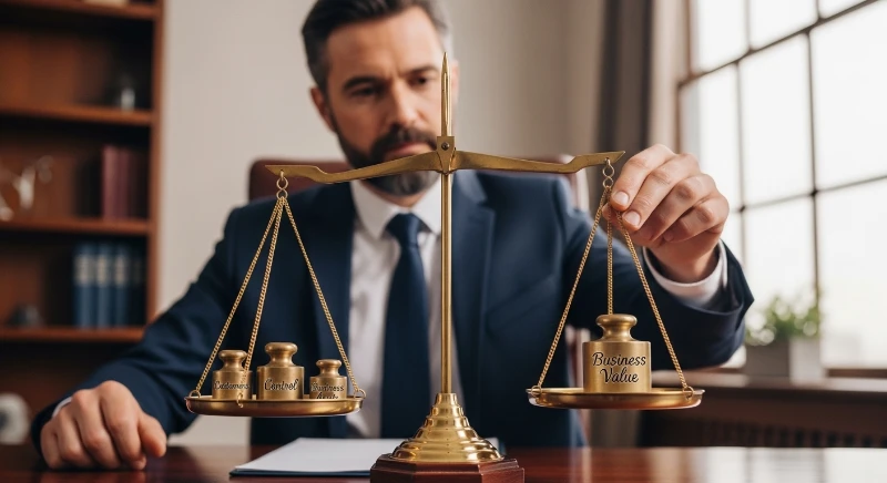 Company owner weighing business valuation methods on scales